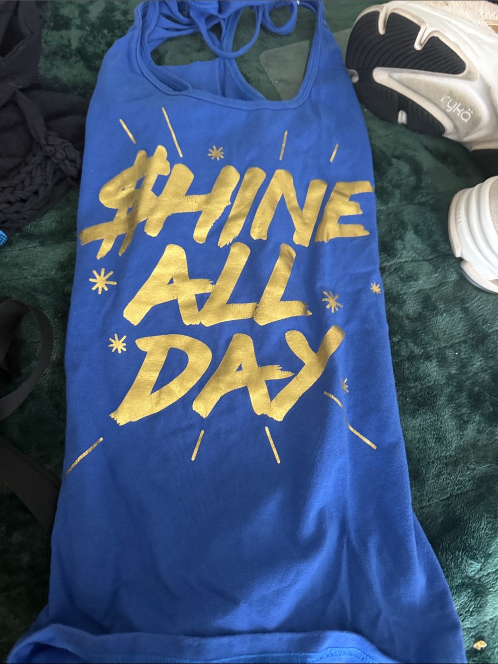 Zumba Fitness Blue Tank with Gold Logo and Lattice Back